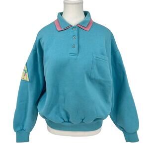 Vintage‎ 90’s Tennis Sweatshirt Profile Polo Collar Sky Blue Pink Medium